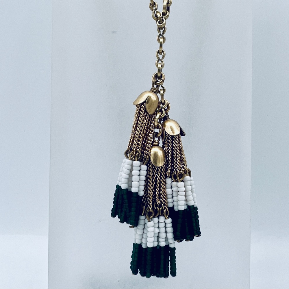 J CREW Long Gold-Tone Necklace with Green & White Beaded Tassels